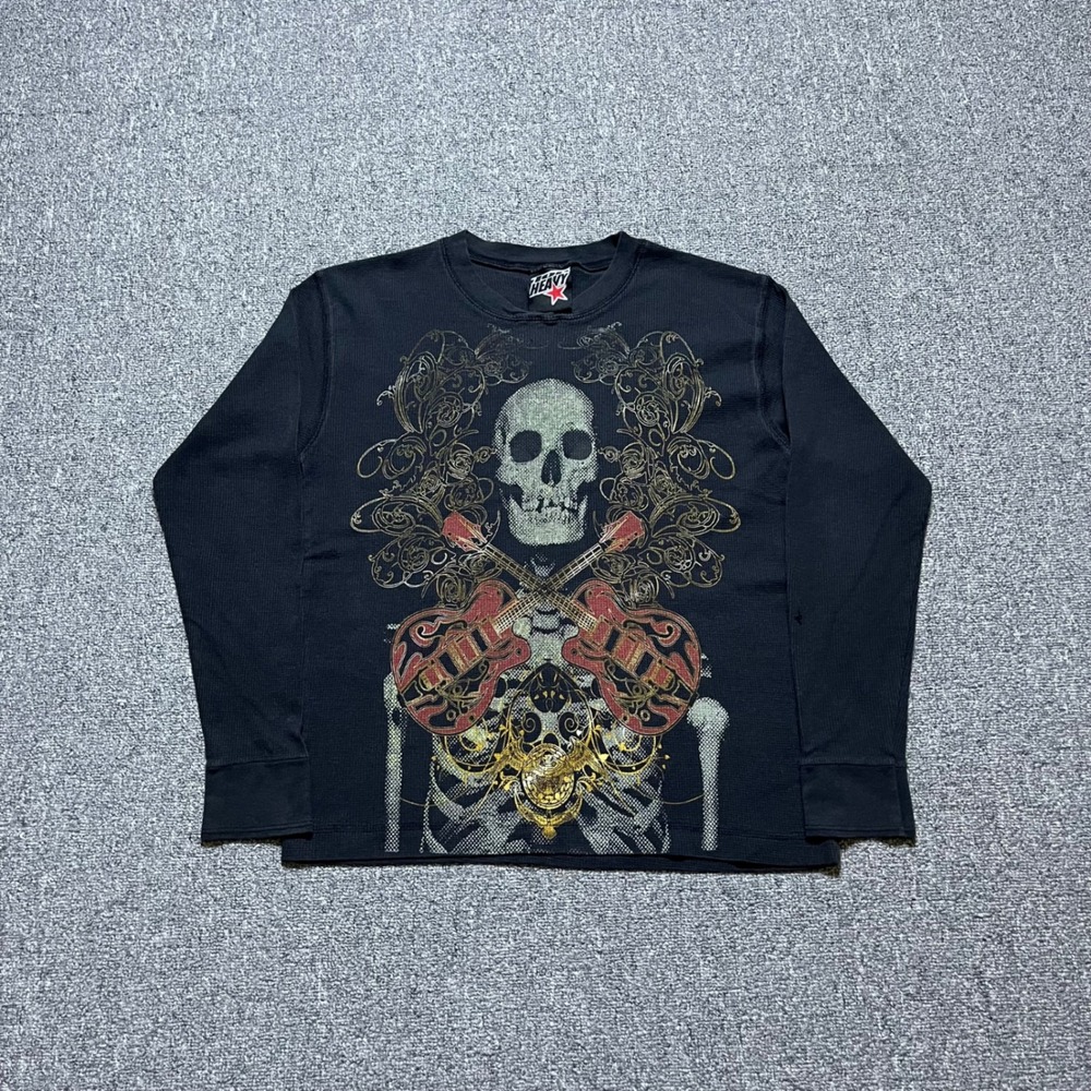 Hot Heavy Skull Guitar Thermal Shirt Black Long Sleeve Graphic Tee Y2K